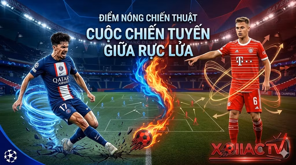 Hình ảnh đồ họa phân tích chiến thuật tuyến giữa rực lửa trong trận PSG vs Bayern Munich, làm nổi bật vai trò trung tâm của Joshua Kimmich tại bán kết Cúp C1.