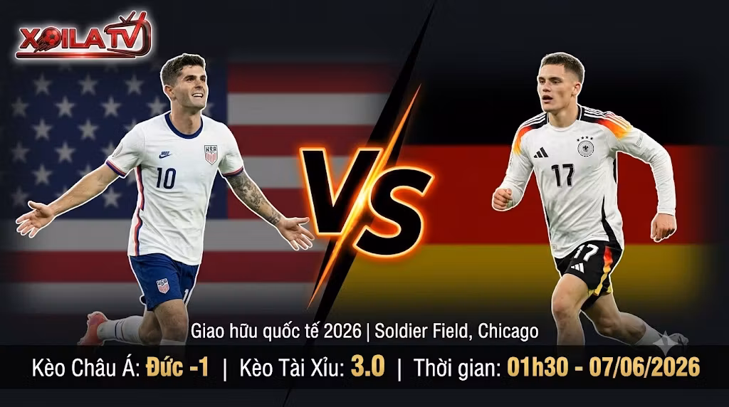 Nhận định soi kèo Mỹ vs Đức 01h30 ngày 07/06/2026 - Cuộc đối đầu giữa Pulisic và Wirtz tại giao hữu quốc tế trên Xoilac TV.