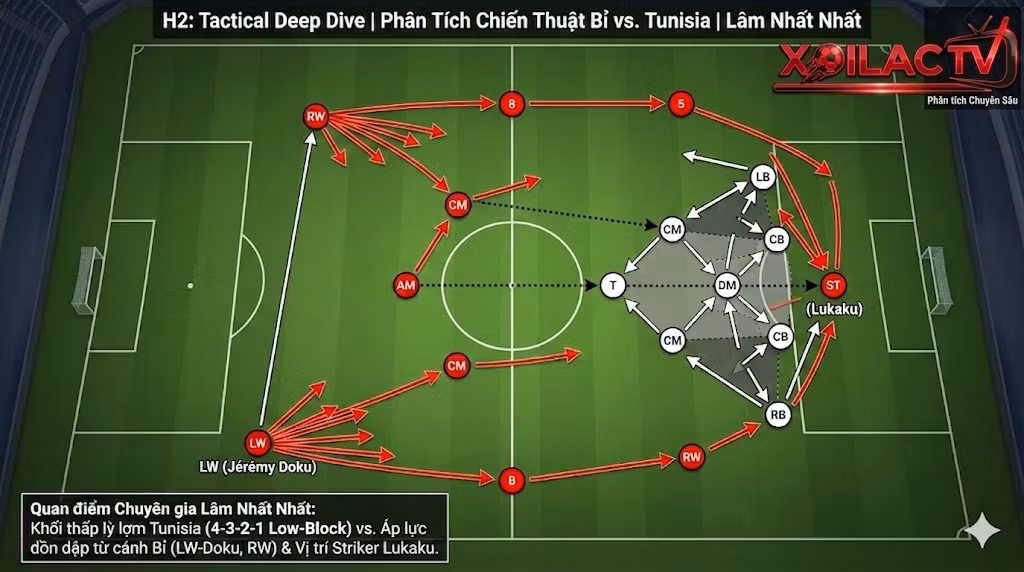Phân tích sơ đồ chiến thuật 4-2-3-1 của tuyển Bỉ đối đầu với khối đội hình Low-block 4-3-2-1 của Tunisia.
