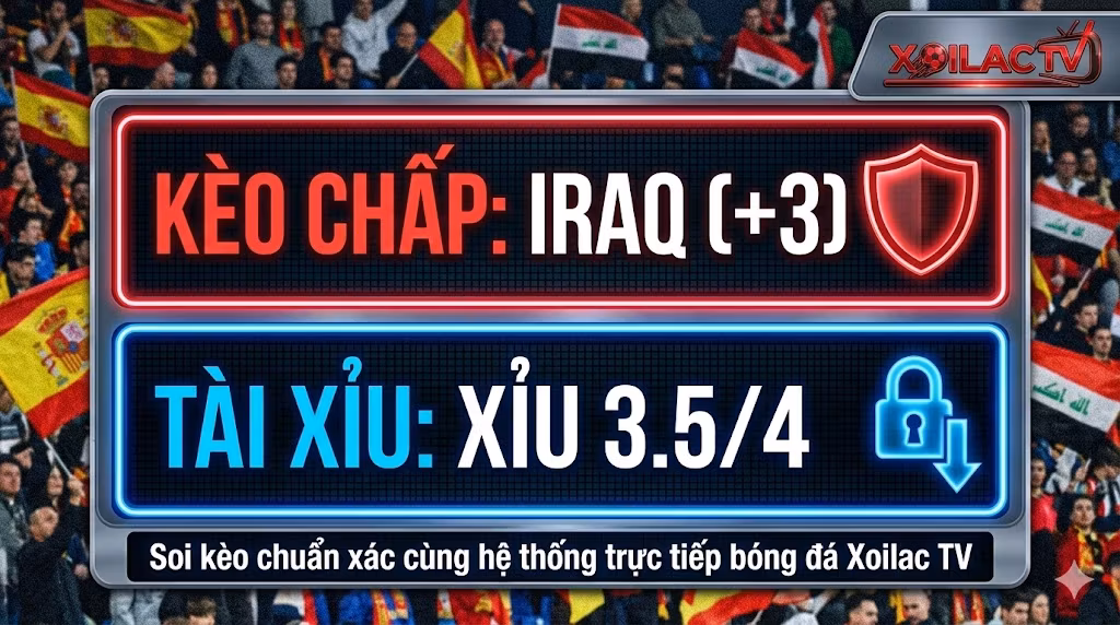 Soi tỷ lệ kèo nhà cái Tây Ban Nha vs Iraq: Tư vấn kèo chấp châu Á Iraq (+3) và kèo Tài Xỉu (3.5/4) an toàn cho nhà đầu tư tại Xoilac TV.